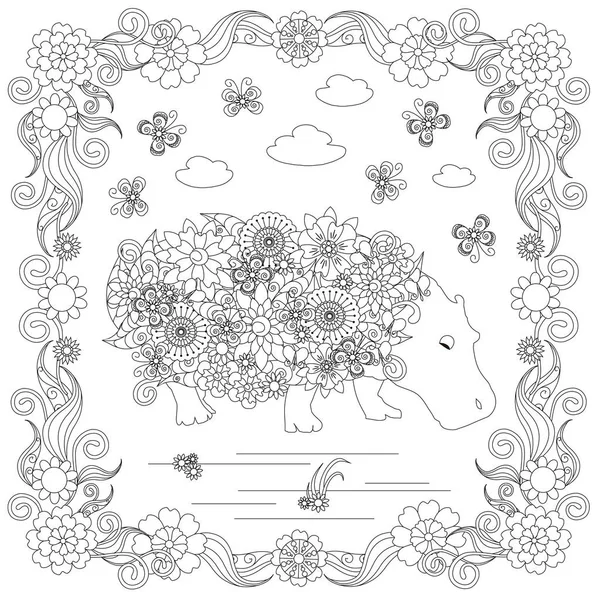 Anti stress ippopotamo astratto, farfalle, quadro fiorito disegnato a mano illustrazione vettoriale monocromatica — Vettoriale Stock