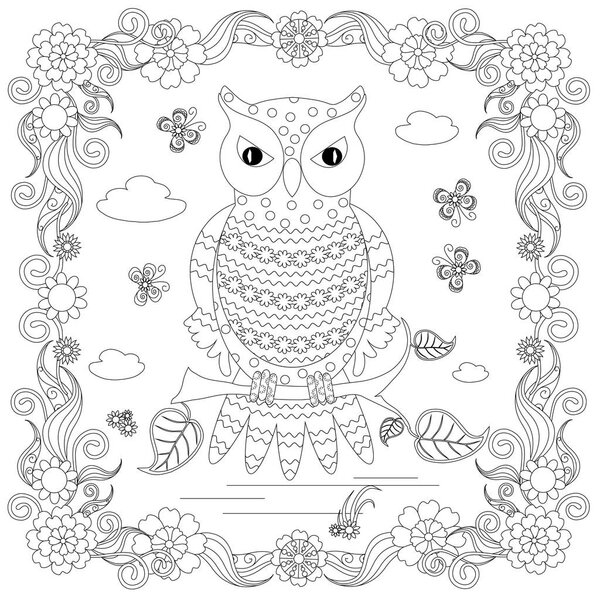 Anti stress abstract owl, butterflies, square flowering frame hand drawn monochrome vector illustration