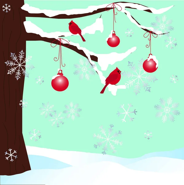 Árbol de Navidad en la nieve y el cardenal rojo Antecedentes en azul vector de stock ilustración — Archivo Imágenes Vectoriales