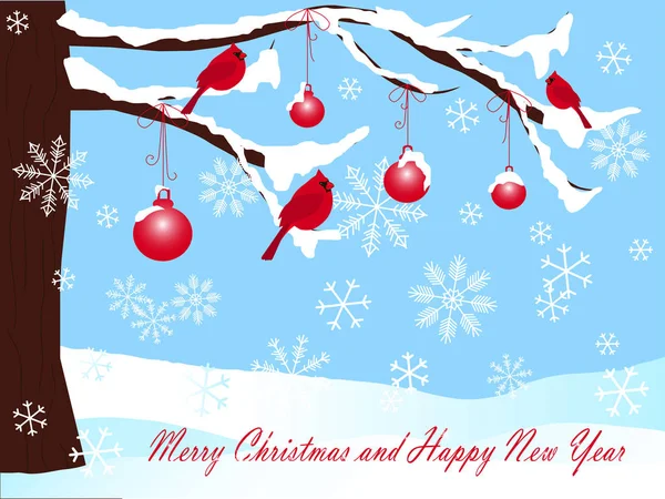 Weihnachtsbaum im Schnee, Kugeln und roter Kardinalhintergrund auf blauem, frohem Weihnachten und frohem neuen Jahr — Stockvektor