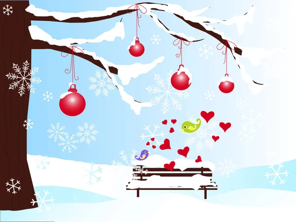 Fondo romántico de invierno con árbol de navidad, banco, bolas rojas en la nieve, corazones, violeta y pájaros del amor verde, copo de nieve en azul stock vector ilustración — Archivo Imágenes Vectoriales