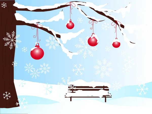 Fondo romántico de invierno con árbol de navidad marrón, banco, bolas rojas en nieve blanca en mano azul dibujado — Archivo Imágenes Vectoriales