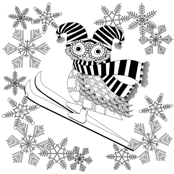 Монохромная сова в полосатом шарфе, шляпе, катание на лыжах в подснежнике в рамке для раскраски страницы против стресса, для векторной иллюстрации для печати — стоковый вектор