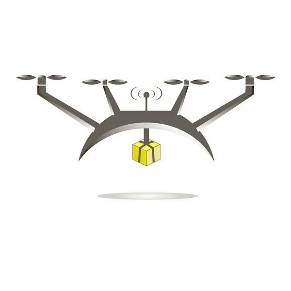 Graue Luft Drohne mit gelbem Karton Paket flache Design Ikone Lager Vektor Illustration — Stockvektor
