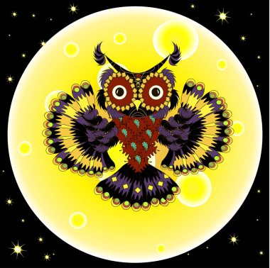 Hisse senedi vektör çizim karikatür düz tasarım Menekşe baykuş sarı moon arka planda, gece karanlık mavi gökyüzü, yıldızlar