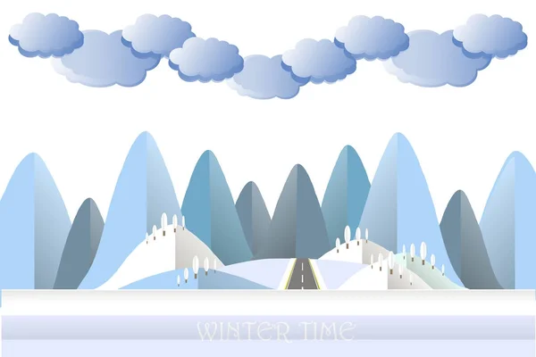 Nowoczesna Płaska Konstrukcja Niebieski Chmura Góry Wzgórza Śnieg Drzewa Szary — Wektor stockowy