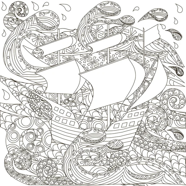 Barco Zentangle Dibujado Mano Olas Antistres Para Colorear Boock Stock — Vector de stock