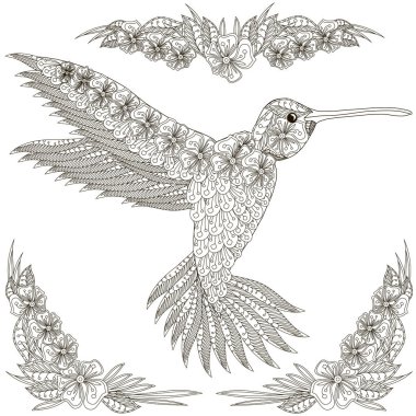 Tek renkli zentangle tarzı kroki antistress boyama sayfası yazdır, dövme için için için sinek kuşu hisse senedi vektör çizim