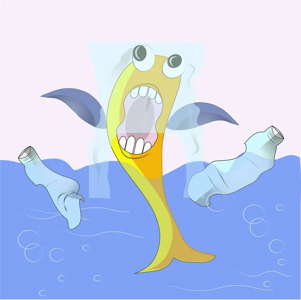 蓝色海洋塑料袋中的黄色鱼 塑料瓶 垃圾污染矢量插图 — 图库矢量图片
