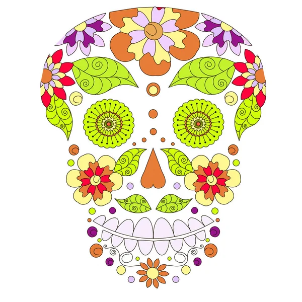 Doodle Stylizowane Kolorowe Czaszki Rysunek Ręka Sylwetka Kwiat Stockowa Ilustracja — Wektor stockowy