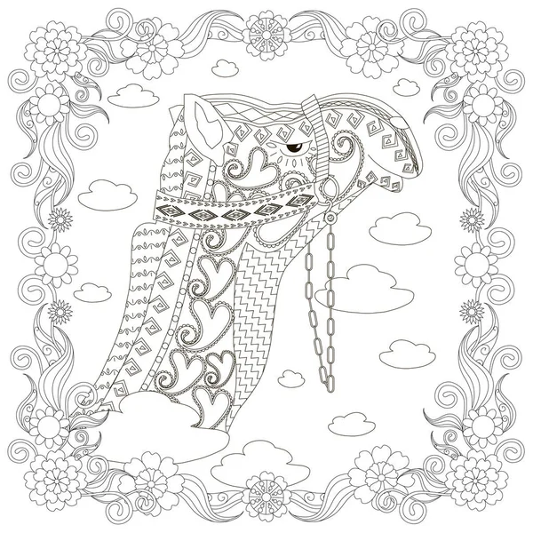 Tête Chameau Monochrome Style Zentangle Dans Cadre Fleurs Illustration Vectorielle — Image vectorielle