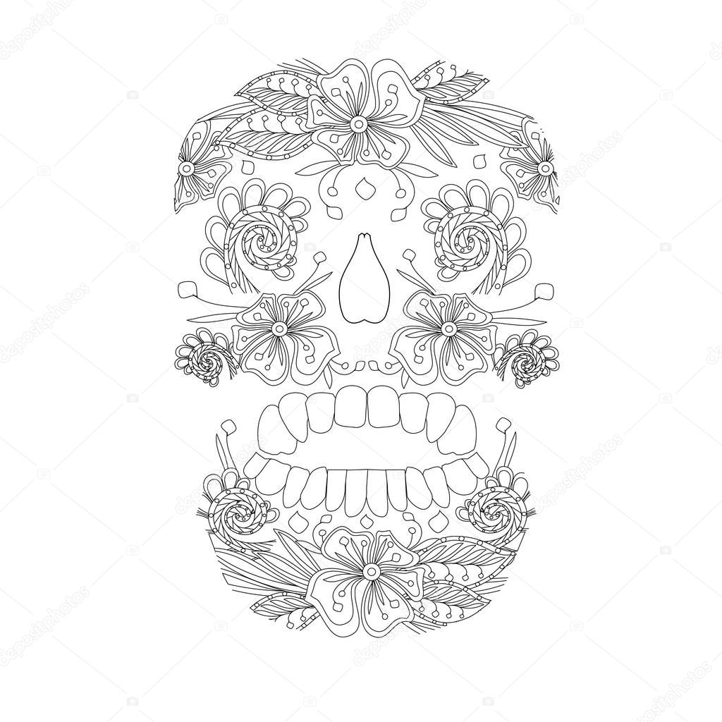 Doodle style stylized black and white sugar skull, hand drawn, stock vector illustrationfor print, for adult antistress coloring page