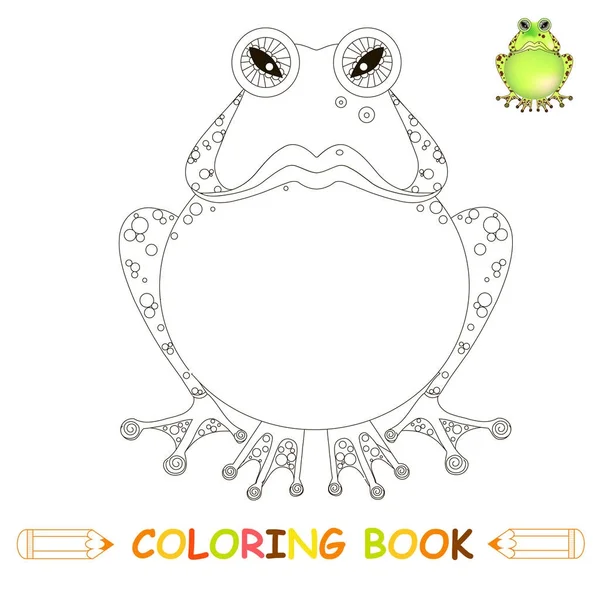 儿童着色页矢量插图 愤怒的卡通青蛙在单色和彩色版儿童着色书 — 图库矢量图片