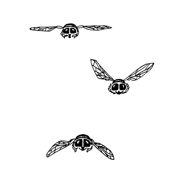 Tinta Dibujada Mano Moscas Monocromáticas Volando Perspectiva Original Dibujo Divertido — Vector de stock