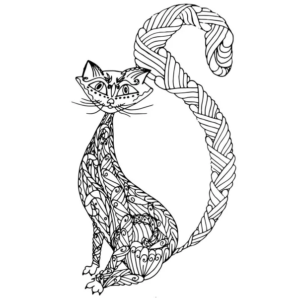 손으로 그린된 Zentangle 고양이 페이지 Antistress 일러스트 — 스톡 벡터