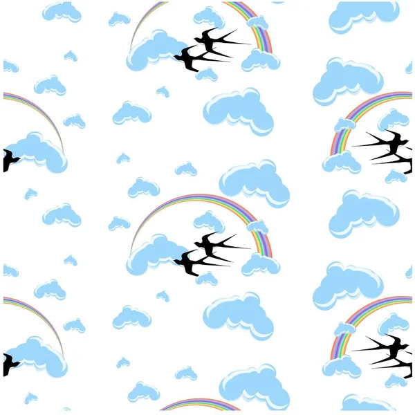 Безшовний Візерунок Веселка Літаючі Ластівки Хмари Запас Векторні Ілюстрації Елемент — стоковий вектор