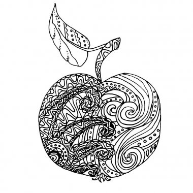 Zentangle elle çizilmiş apple siyah beyaz elle çizilmiş vektör hisse senedi illüstrasyon stilize