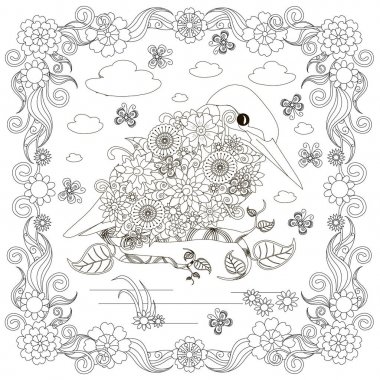 Tek renkli doodle el çekilmiş yalıçapkını, bulutlar, çiçekler, çerçeve. Anti stres hisse senedi vektör çizim