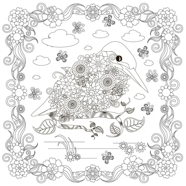 Doodle Monochrome Dessiné Main Martin Pêcheur Nuages Fleurs Cadre Illustration — Image vectorielle