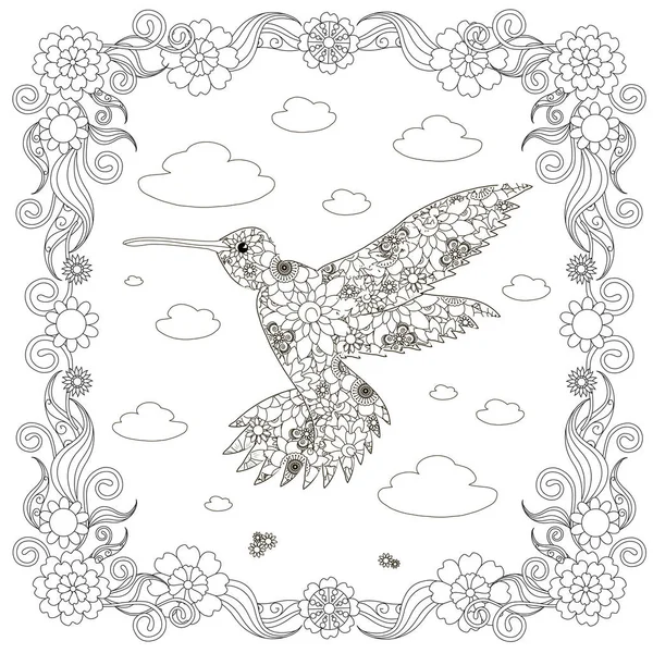 Doodle Monochrome Dessiné Main Colibri Nuages Fleurs Cadre Illustration Vectorielle — Image vectorielle