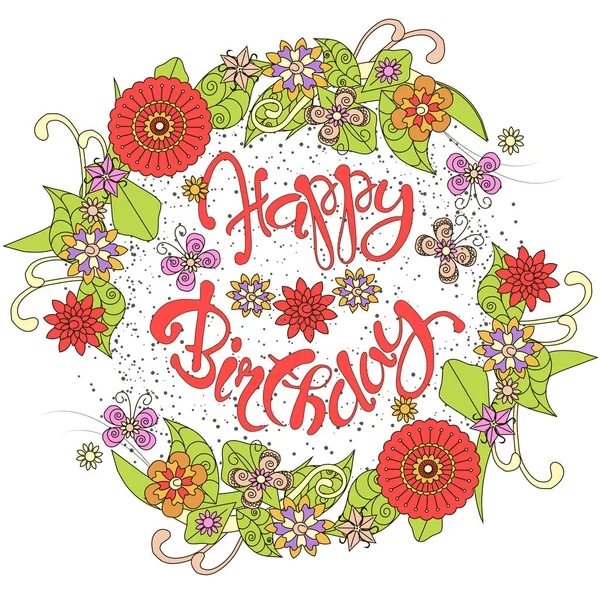 Typografie Banner Rood Belettering Happy Birthday Kleurrijke Hand Getrokken Bloem — Stockvector