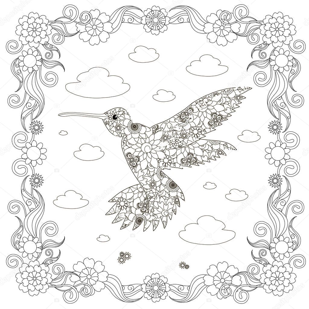 Monochrome doodle hand drawn  hummingbird, clouds, flowers, frame. Anti stress stock vector illustration