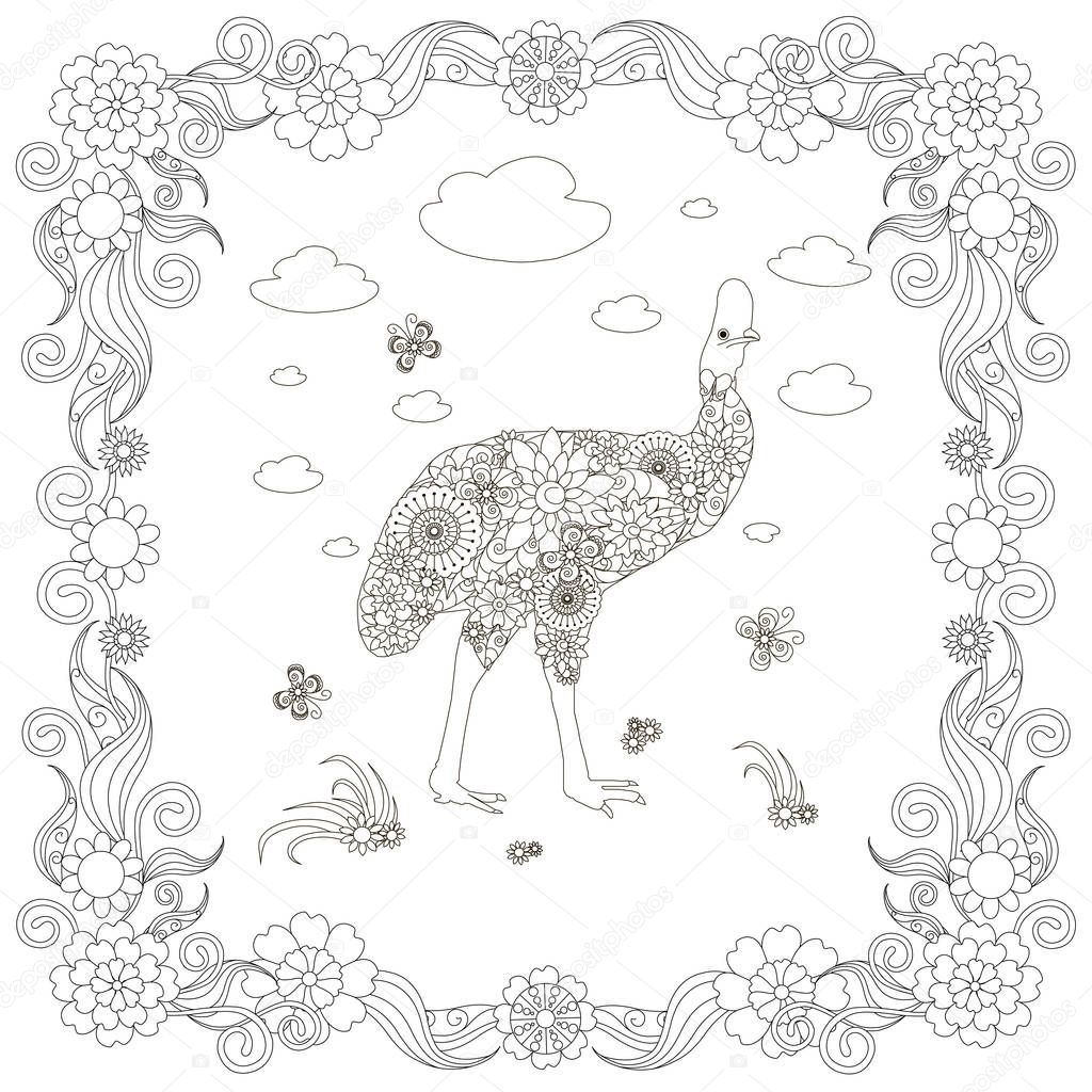 Monochrome doodle hand drawn kazarian, clouds, flowers, frame. Anti stress stock vector illustration