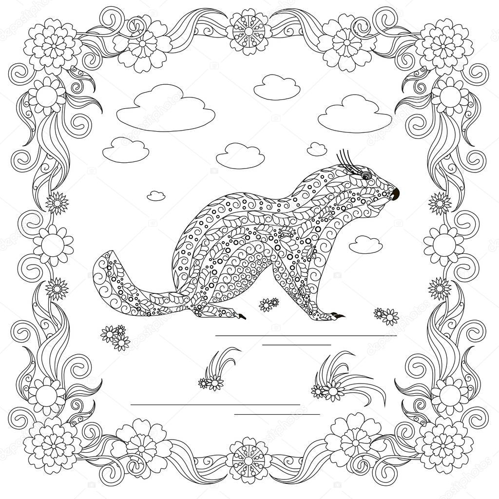 Monochrome doodle hand drawn marmot, clouds, flowers, frame. Anti stress stock vector illustration