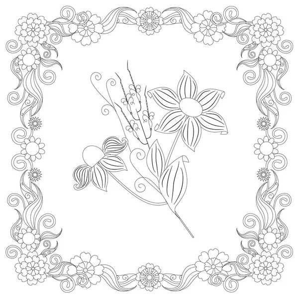 Monochrom Gekritzelte Handgezeichnete Blumen Rahmen Stress Aktienvektor Illustration — Stockvektor