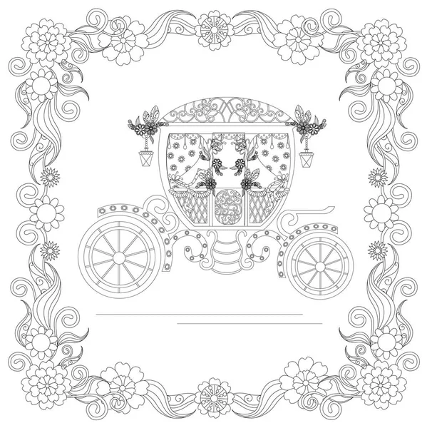 Monochrome Doodle Hand Drawn Carriage Floral Frame Stress Stock Vector — Stock Vector