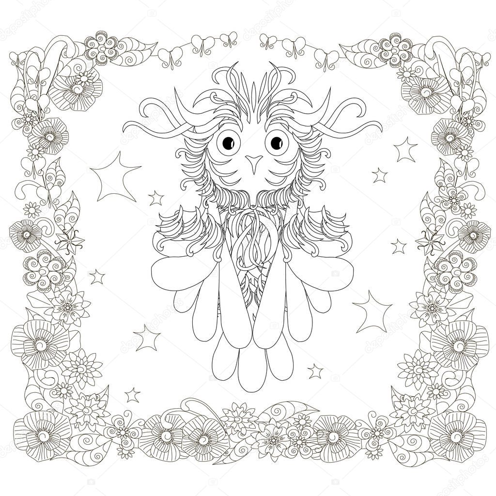 Monochrome doodle hand drawn owl, stars, floral frame. Anti stress stock vector illustration