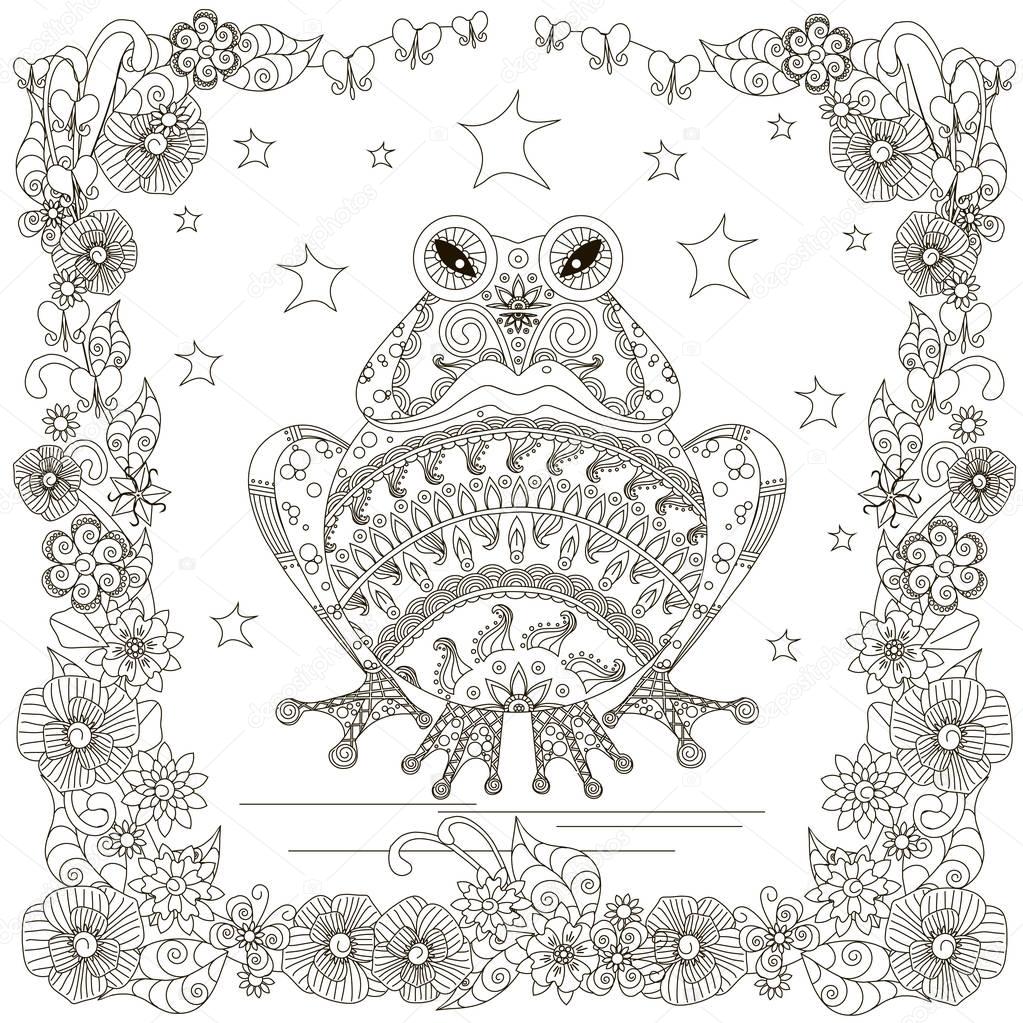 Monochrome doodle hand drawn frog, stars flowers frame. Anti stress stock vector illustration