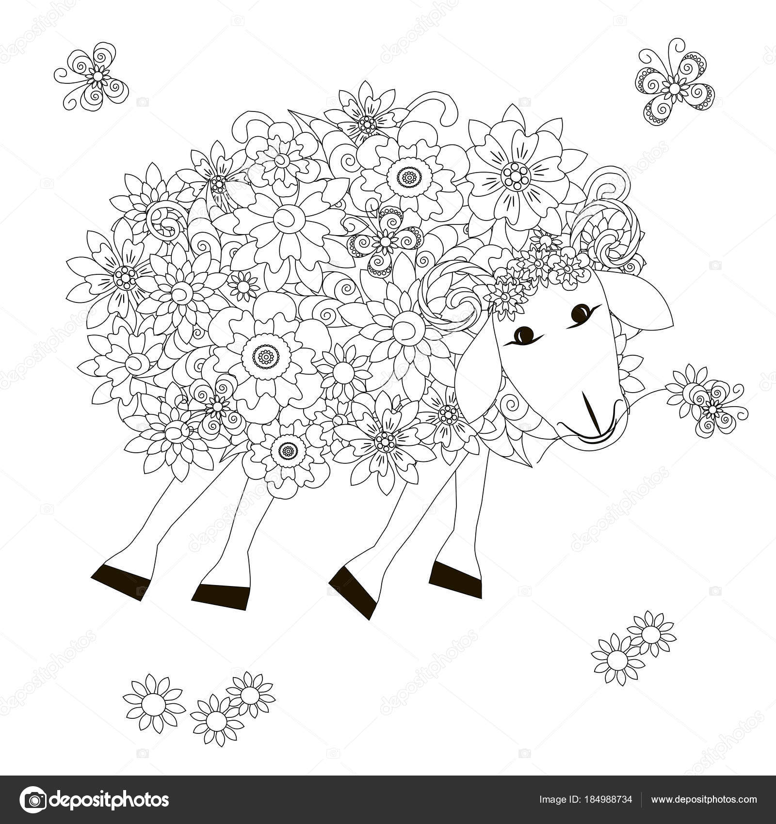 Bloemen Schapen Monochroom Schets Kleurplaten Pagina Antistress Stok