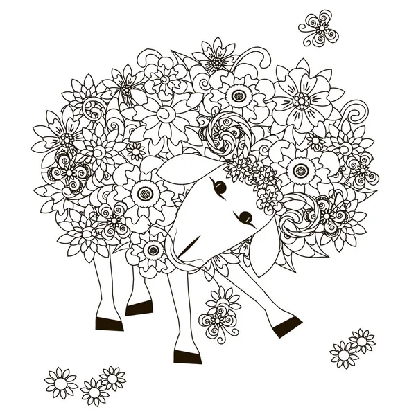 Fiori Pecore Disegno Monocromatico Pagina Colorare Stress Stok Vettoriale Illustrazione — Vettoriale Stock