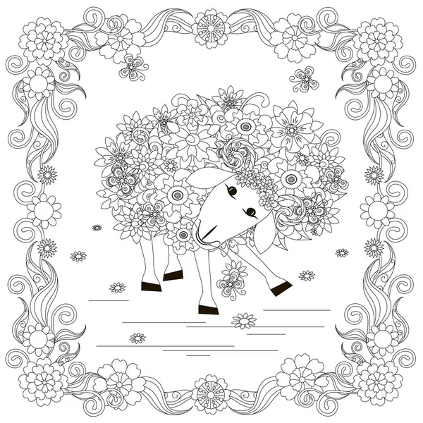 Flowers Sheep Frame Monochrome Sketch Coloring Page Stress Stok Vector — Stock Vector