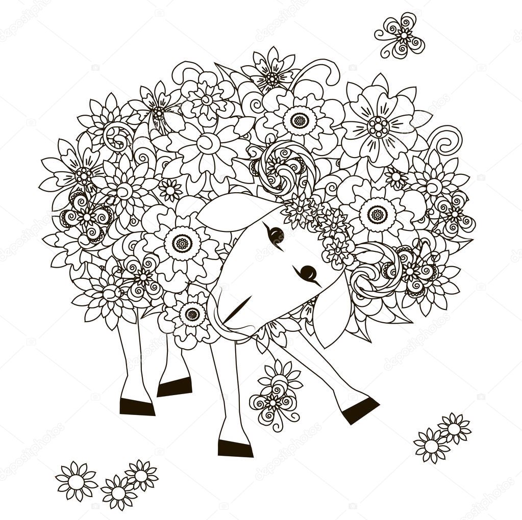 Bloemen Schapen Monochroom Schets Kleurplaten Pagina Antistress Stok