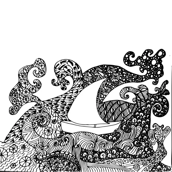 Barco Zentangle Dibujado Mano Olas Libro Para Colorear Antiestrés Stock — Vector de stock