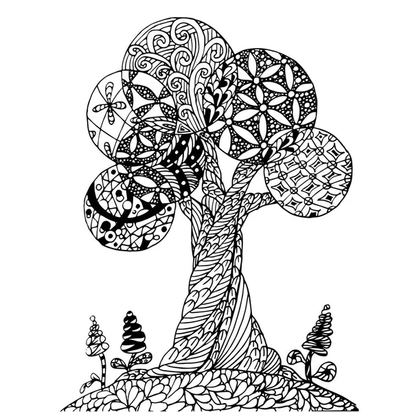 Hintergrund Handgezeichnetes Zen Gewirr Monochrom Stilisierter Baum Aktienvektorillustration Für Web — Stockvektor