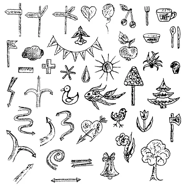 Hand drawn clip art set, monochrome arrows, pointers, hearts, tree, mushroom, bird, cup, spoon, sun, bell, flower, axe, fish, ballon, stock vector illustration for print, for web