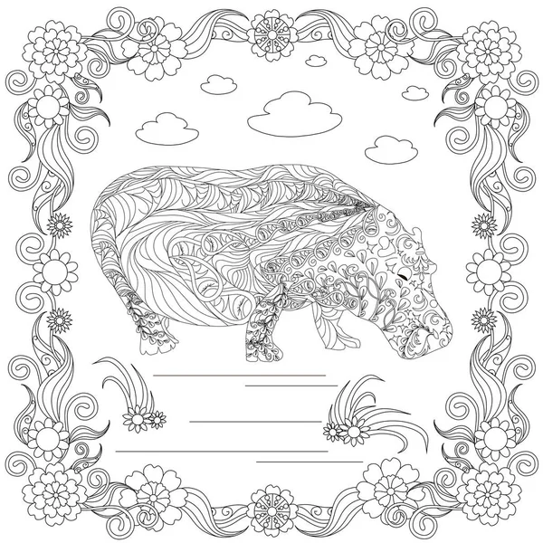 Hipopótamo Enredo Zen Marco Flor Boceto Monocromo Ilustración Vector Stock — Vector de stock