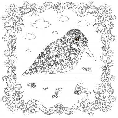 Zentangle stil kingfisher çiçek çerçeve tek renkli kroki sayfa antistress hisse senedi vektör çizim yazdırma için sayfa boyama, boyama içinde