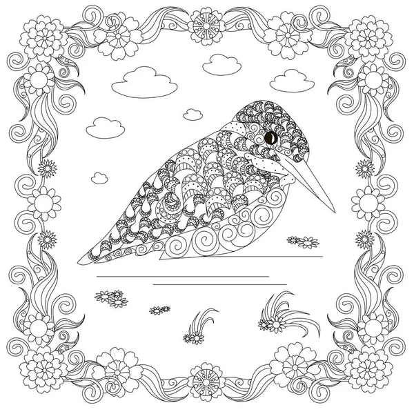 Zentangle Style Martin Pêcheur Dans Cadre Fleurs Croquis Monochrome Coloriage — Image vectorielle