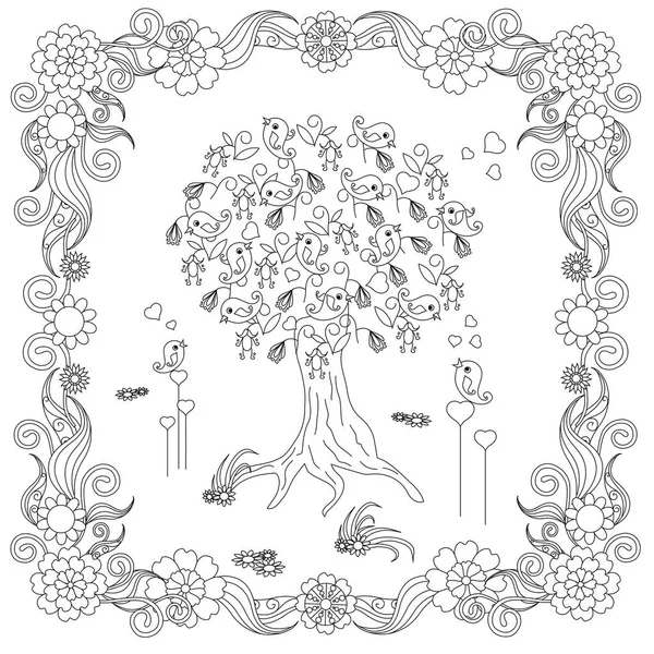 Árbol Estilo Zentangle Con Pájaro Cariñoso Corazones Marco Flores Boceto — Vector de stock