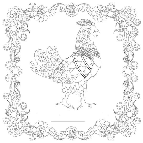 Estilo Zentangle Pollo Marco Flores Boceto Monocromo Página Para Colorear — Vector de stock