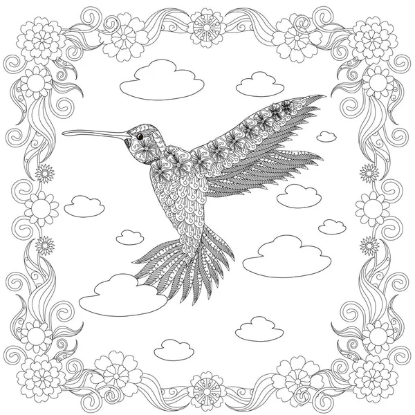 Zentangle Style Hummingbird Flower Frame Monochrome Sketch Coloring Page Antistress — Stock Vector