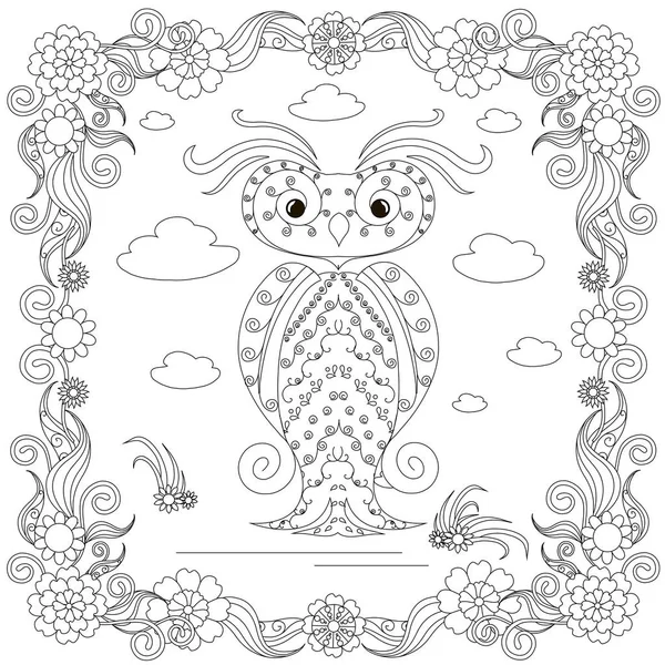 Zentangle Estilo Búho Marco Flores Boceto Monocromo Página Para Colorear — Vector de stock