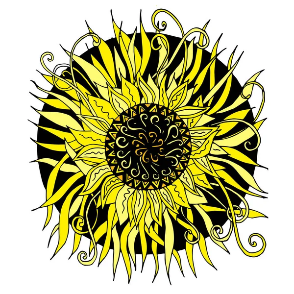 Mandala Preto Amarelo Vetor Desenhado Mão Elemento Design Estilo Doodle — Vetor de Stock