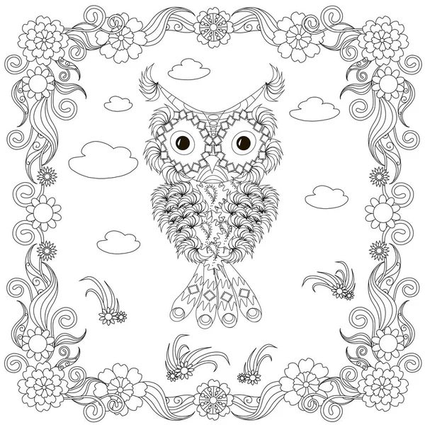 Zentangle Estilo Búho Marco Flores Boceto Monocromo Página Para Colorear — Vector de stock