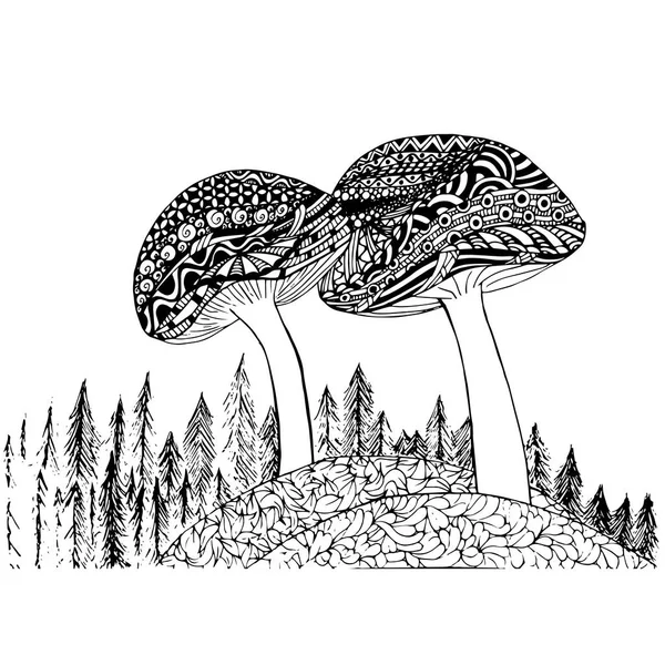 Desenho Monocromático Dos Cogumelos Estilo Zentangle Página Coloração Abeto Ilustração — Vetor de Stock