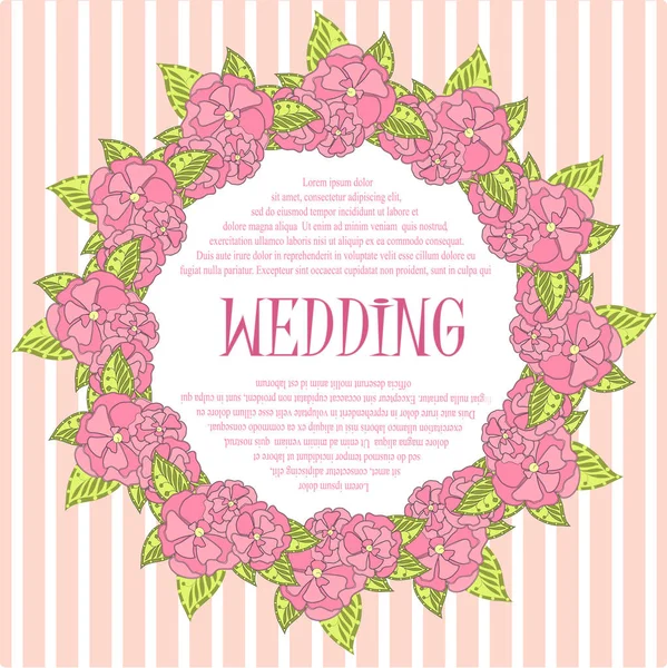 Tipografi Düğün Banner Pembe Çelenk Yeşil Yapraklar Çizgili Bir Arka — Stok Vektör